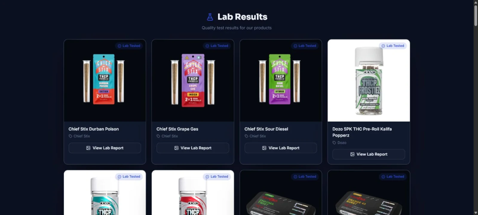Customer-facing AgeVend lab results catalog with lab-tested product cards and report links