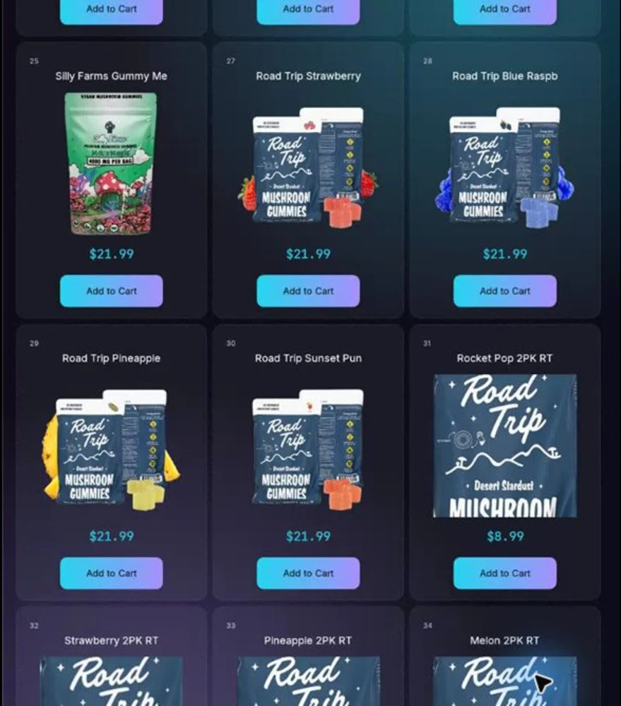 Live AgeVend Android kiosk app storefront showing product images, prices, and add-to-cart controls