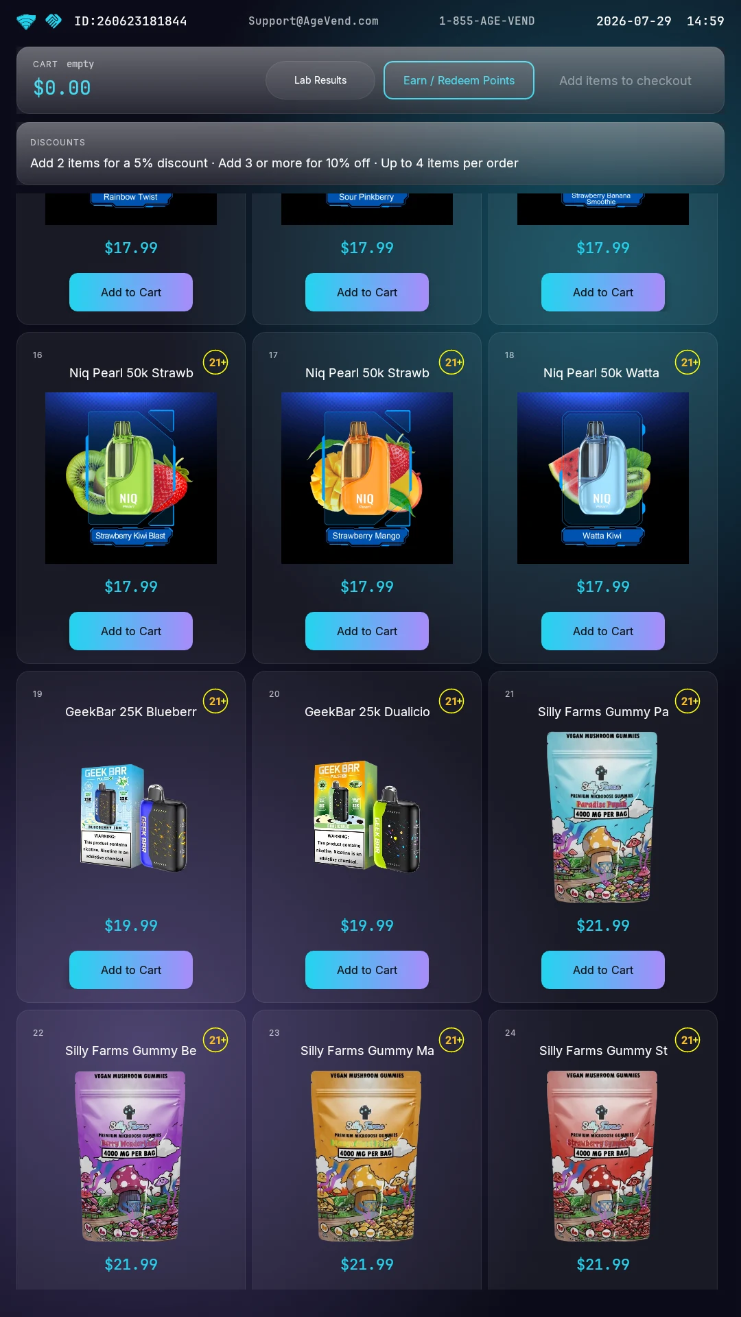 Live AgeVend customer kiosk screen showing product tiles, prices, cart, loyalty, support, and lab results